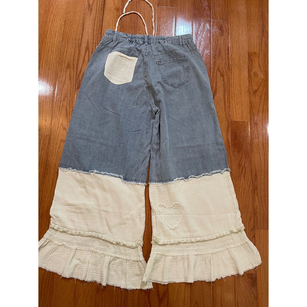 POL Wide Leg Pants Womens L Blue Cream Cotton Boho Ruffle Festival Cottagecore - Picture 12 of 13